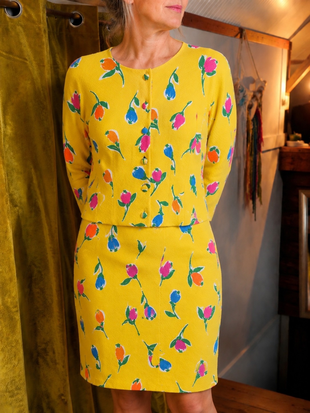 Adrienne Vittadini Yellow Floral Skirt Set | Vintage 2-Piece Cotton Suit Size 10